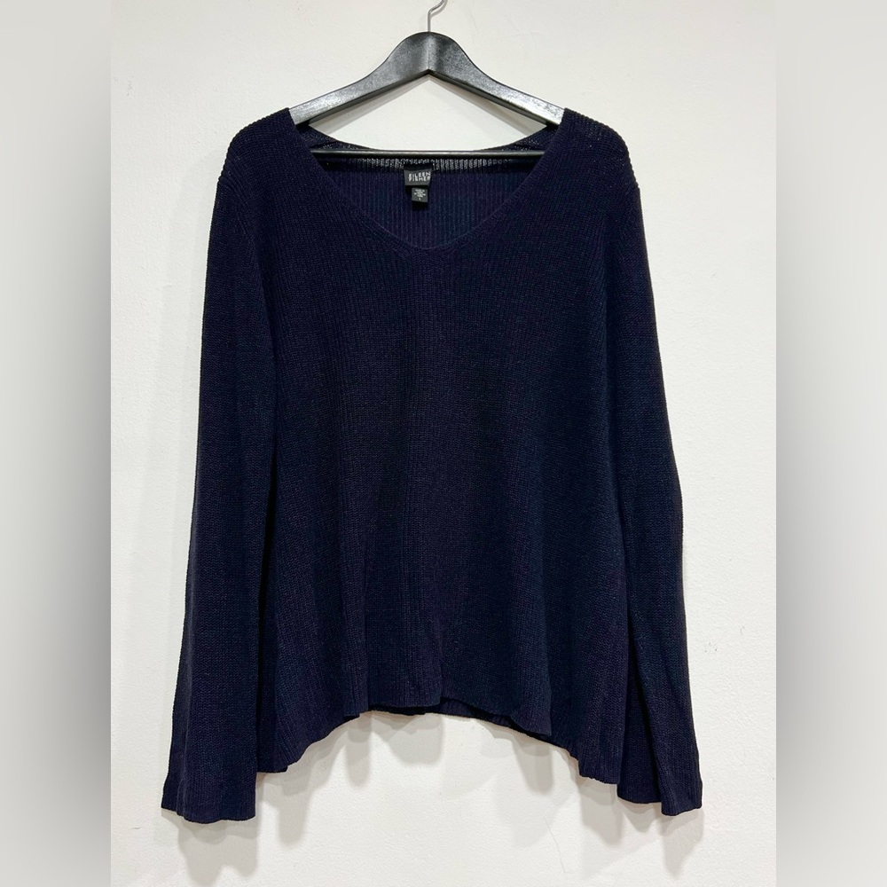 Eileen Fisher Sweater Large Navy Blue Pullover V Neck Rib Knit Casual